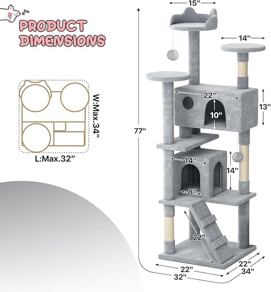 MoNiBloom Cat Tree, 77 Inch Cat Tree Tower with 2 Condo, Tall Cat Tower with Scratching Post, Cat Climbing Tower, Cat Tree for Indoor Cats, Light Grey