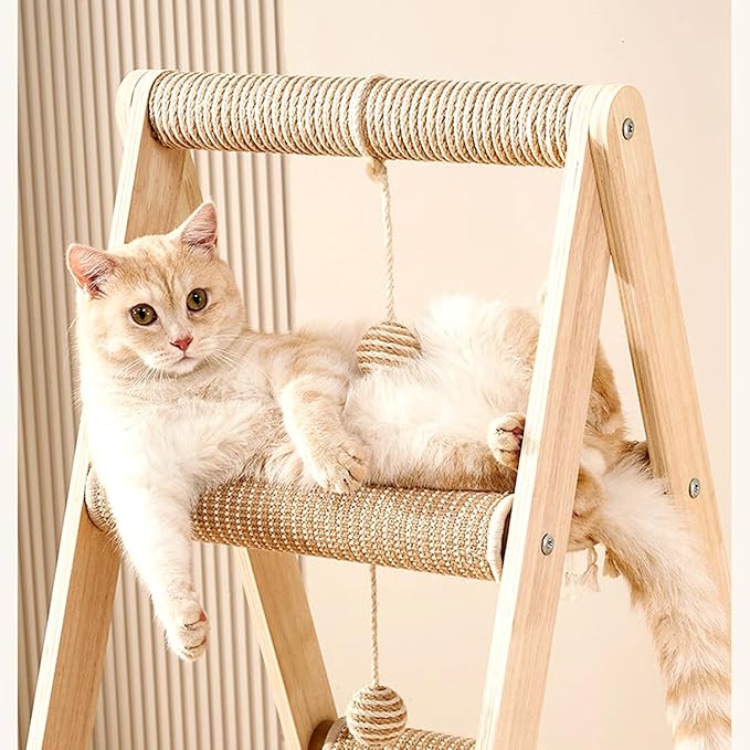 SHENGOCASE 3-Tier Modern A Frame Wooden Cat Tree Tower Ladder with Multi-Level Bed Hammock for Large Cat and Sctatching Post, Hanging Toy Ball (Beige)