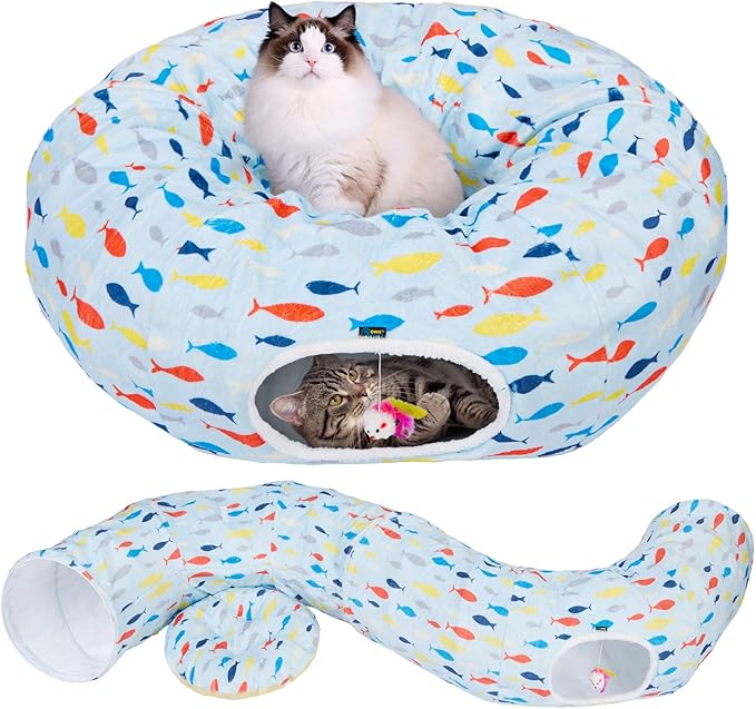 Ownpets Large Cat Tunnel Bed for for All Seasons, S-Shaped Soft Cat Donut Tunnel with Washable Cushion, Round Pet Pet Play Tunnel Toy for Kitten, Puppy, Rabbit, Blue