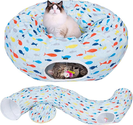 Ownpets Large Cat Tunnel Bed for for All Seasons, S-Shaped Soft Cat Donut Tunnel with Washable Cushion, Round Pet Pet Play Tunnel Toy for Kitten, Puppy, Rabbit, Blue