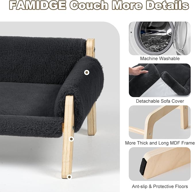 Elevated Cat Couch Bed for Indoor Cats - Wooden Pet Sofa with Removable Washable Thick Cover Raised Kitty Lounge Chair Suitable for Puppy or Small Animals(Cat Sofa Dark-Grey)