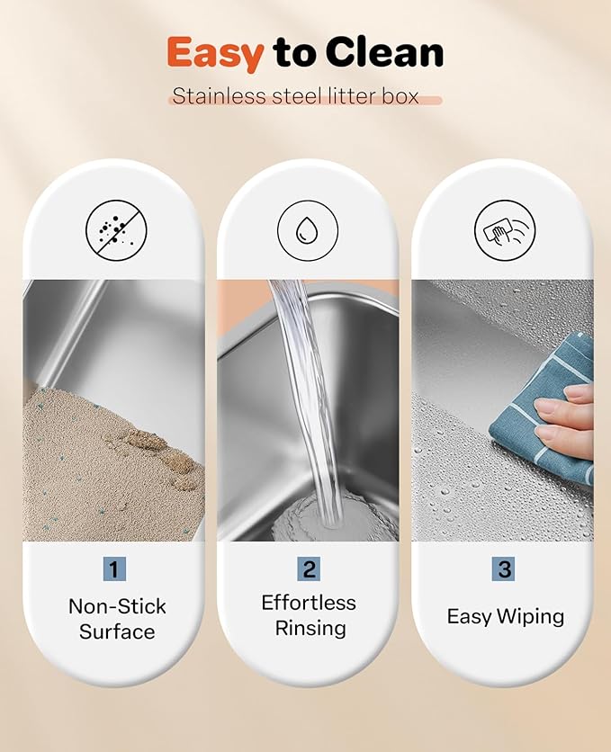 Stainless Steel Litter Box with Lid, 23.5" L x 15.8" W x 12.6" H, XL Metal Cat Box for Big Cats, High Sided Kitty Litter Box with Scoop & Pee Pads, Non-Sticky, Anti-Leakage, Easy to Clean (Black)