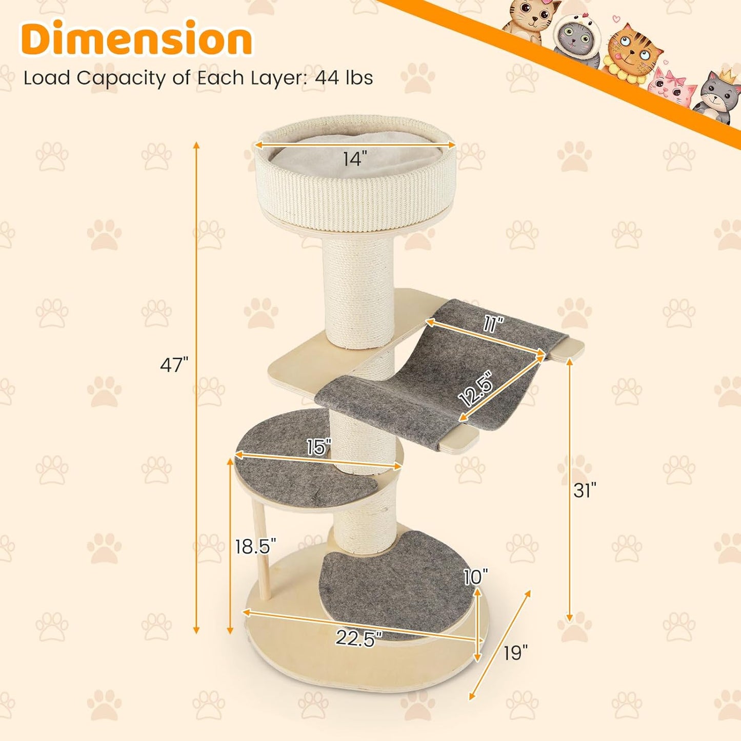 Tangkula Wood Cat Tree, 47 Inch Multi-Layer Cat Tower with 5.7” Thicker Sisal Covered Scratching Posts & Carpet, Padded Top Perch, 2 Jumping Platforms, Hammock, Modern Cat Tree Tower for Indoor Cats