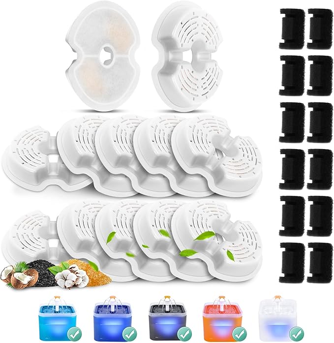 12 Pack Replacement Filters & Pump Sponges for 67oz/2L Colorful Cat Fountain with LED Light, BFLICROY Cat Water Fountain Filter, Quadruple Filtration Pet Fountain Filters Replacement