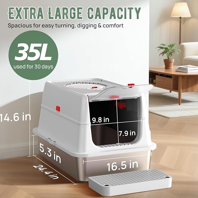 Stainless Steel Litter Box: Enclosed Cat Litter Box with Flip Lid Self Cleaning and High Sided Top Entry Design, XL Extra Large Metal Kitty Litter Pan Tray for Big Cats, Built-in Carbon Filter Pouch