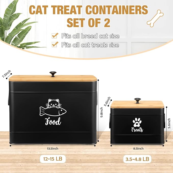 Extra Large Metal Cat Food Containers Airtight 12+3.5 lbs Cat Treat Snack Jars Set of 2 with Bamboo Lids and Spoons Farmhouse Big Pet Cookie Storage Jars for Kitchen Counter Gifts(Black)