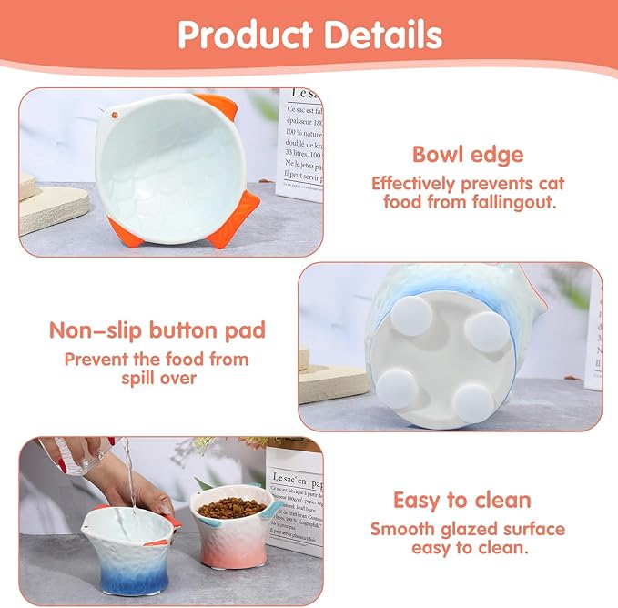 2 Pcs Raised Tilted Ceramic Cat Food Bowl, Cute Elevated Slanted Shallow Shallow Angled Fish Shape Cat Bowl, Non Slip Cats Feeding Bowls for Anti-Vomiting and Whisker Fatigue (Blue, Pink)