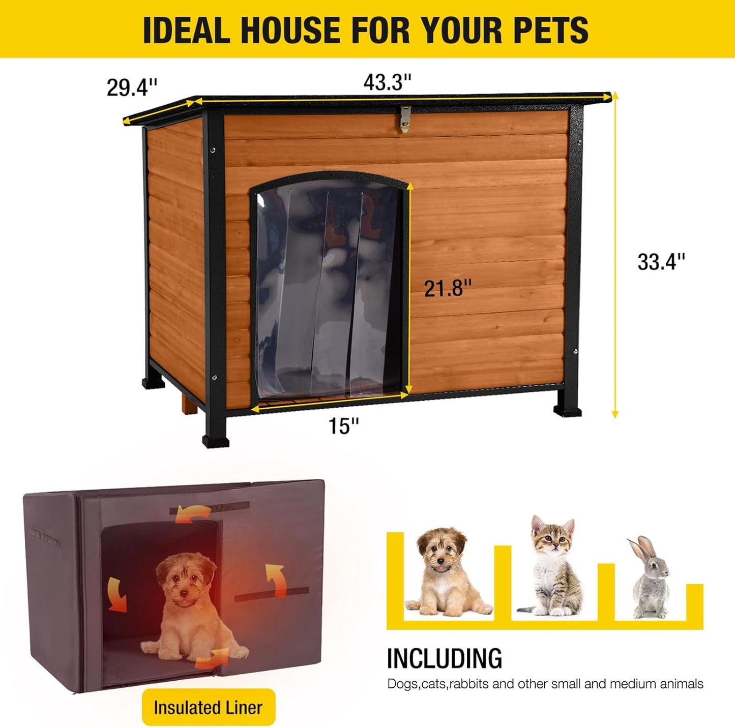 Insulated Outdoor Dog House with Liner for Winter Wooden Dog Kennel with All-Around Iron Frame,Waterproof