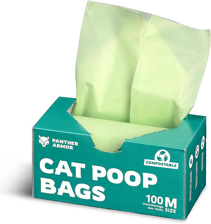 Panther Armor Compostable Cat Litter Bags for Poop - 100x Unscented Pet Waste Bags, 13x9in Leak Proof Kitty Litter Bags - Odor Proof, Easy Open Dispenser Box of Cat Poop Bags