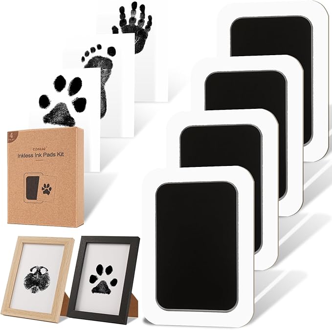 Inkless Paw Print Kit for Dogs,Cats & Babies – Clean Touch Dog Nose & Baby Handprint Kit, Mess-Free Ink Pad with 4 Pads & 2 Wooden Frames – Keepsake Gifts for Pet Owners & New Moms