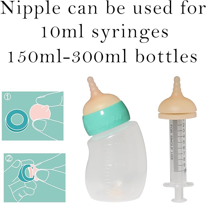 Silicone Feeding Nipple and Syringes for Newborn Kittens, Puppies, Rabbits, Small Animals Dongdong pet (5 Nipple+6 Syringes)