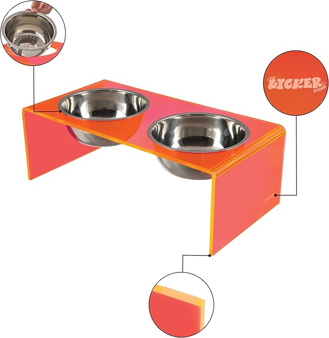 THE LICKER STORE DBL2000E Keaton 5" Small/Medium Modern Acrylic Rectangular Elevated Pet Feeder with 20oz 2-Stainless Steel Bowls, Pink/Chrome
