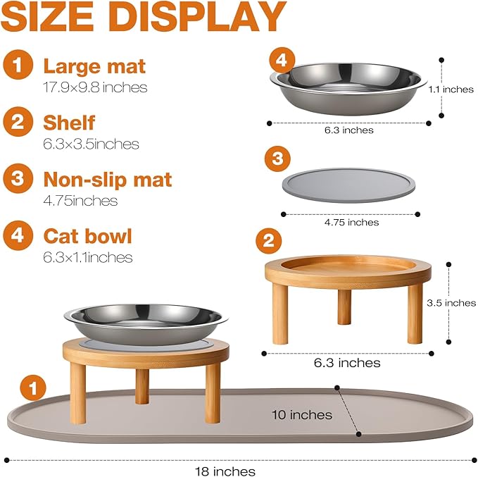 Elevated Cat Bowls with Food Mat,6.3 Inches Shallow Raised Bowls Whisker Friendly,2 Stainless Steel Cat Food and Water Dishes for Cats and Puppies,Dishwasher Safe