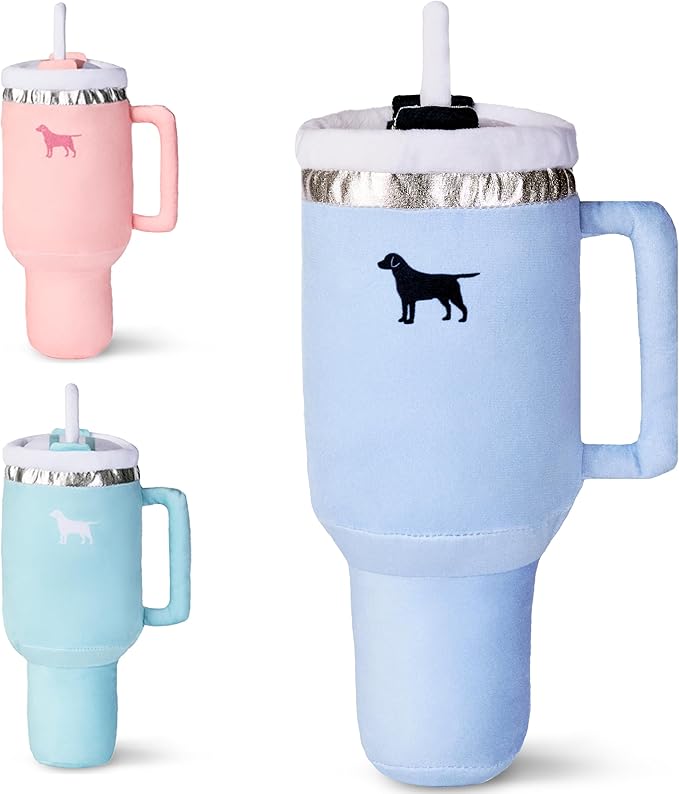 Pup Cup Tumbler Dog Toy – Birthday Dog Toy, Funny Squeaky Plush Puppy Gift, Cute Birthday Present (Chambray Blue)