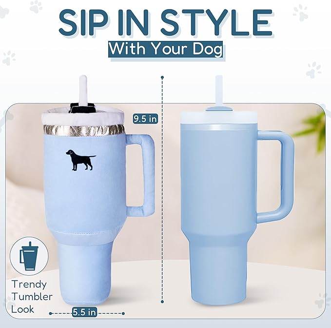 Pup Cup Tumbler Dog Toy – Birthday Dog Toy, Funny Squeaky Plush Puppy Gift, Cute Birthday Present (Chambray Blue)