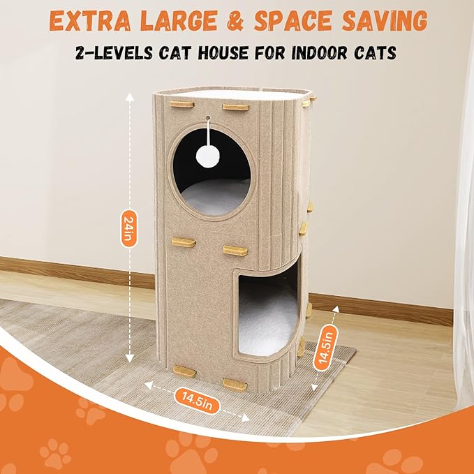 Homegroove Cat House for Indoor Cats, 2-Storey Cozy Felt Cat Bed Cave with Tunnel Hideaway, Large Multi-Cat Condo for Rest & Play (Camel, Large)