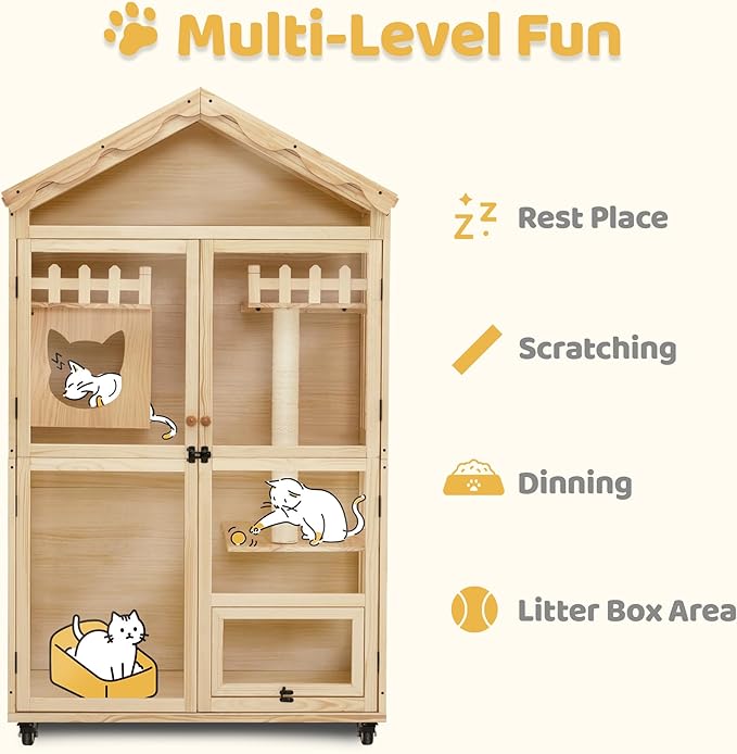 MCombo Wooden Indoor Cat House, Cat Condo with Entrance, Kitten Cage Catio with Lockable Doors and Wheels, CT291