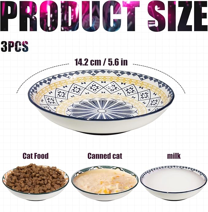 3Pcs Ceramic Cat Food Bowls, 5.5 Inches with Nonslip Silicone Bottom, Anti Whisker Fatigue Plates for Indoor Kittens, Wide Shallow Dishes for Dry and Wet Food