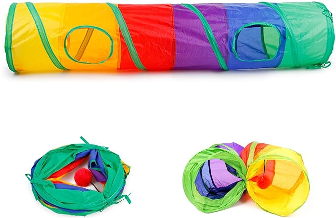 32Pcs Cat Toys Kitten Interactive Pet Toys Assortments, Foldable Rainbow Tunnel, Cat Feather Teaser Wand Interactive Feather Toy Fluffy Mouse Crinkle Balls Bell Play for Cat Puppy Kitty Kitten(2 way)