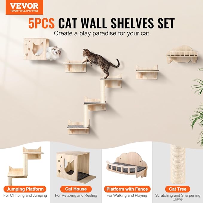 VEVOR Wall Mounted Cat Shelves, Wall Shelves and Perches with Jumping Boards, Nest, Barrier Board & Cat Tree, Cat Floating Furniture up to 40 lbs for Sleeping, Playing, Climbing, Set of 5