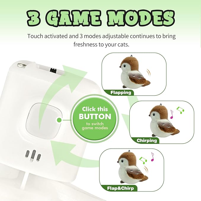 Cat Toys, Flapping Wings Cute Sparrow, No Flying, Chirping Bird Interactive Catnip Toy for Kitten or Small Dogs, Touch Activated, Rechargable