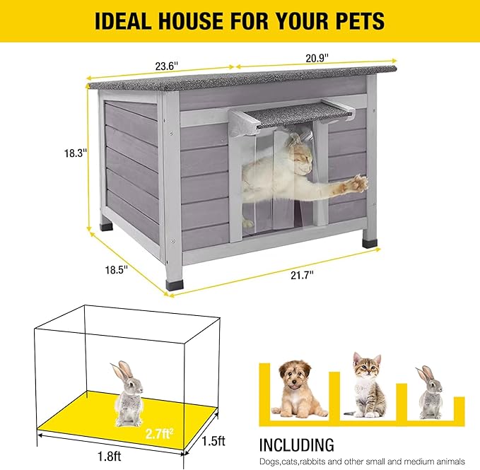 Cat House Outdoor Dog House with Insulation Liner Rabbit Hutch Feral Kitty Shelter for Outdoor Cats Cat Shelter for Winter