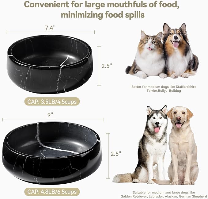 Black Marble Dog Bowl, 3.5lbs Non Slip,Non Spill Heavy Dogs Food Bowl, Large Dog Dish, Weighted Food and Water Bowls for Medium Dogs, Natural Stone Pet Bowl, Easy to Clean, Holds 4.5 Cups