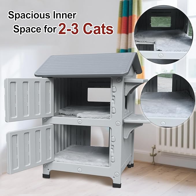 Rockever Plastic Outdoor Cat House with Soft Mat, Insulated Outdoor Cat Houses for Winter, Waterproof 2 Story Outside Cat Shelter, Clean and Assemble Easily