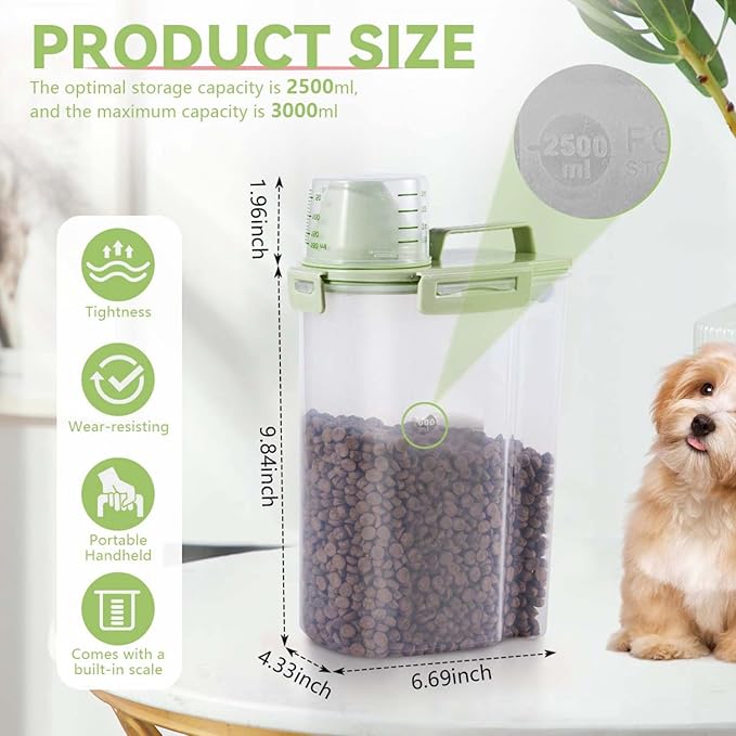 SenseYo 2.5lb Pet Food Storage Container with Measuring Cup, 3L Cat Food Storage Container Dog Food Storage BPA Free for Small Dog, Cat, Bird (Green)