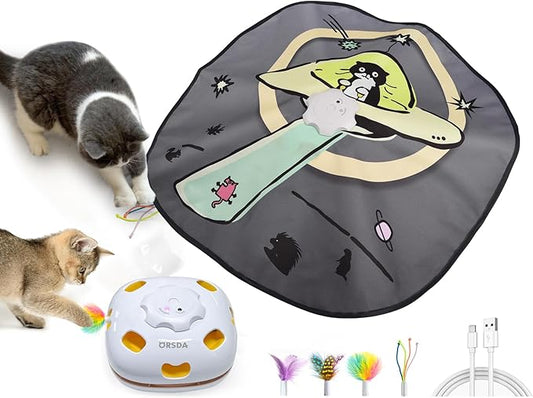 ORSDA 4 in 1 Interactive Cat Toys - Automatic Cat Toys for Indoor Cats & Kittens, 8 Holes Mice Whack-A-Mole, Hide and Seek Smart Motion with 5PCS DIY Replacement Refills