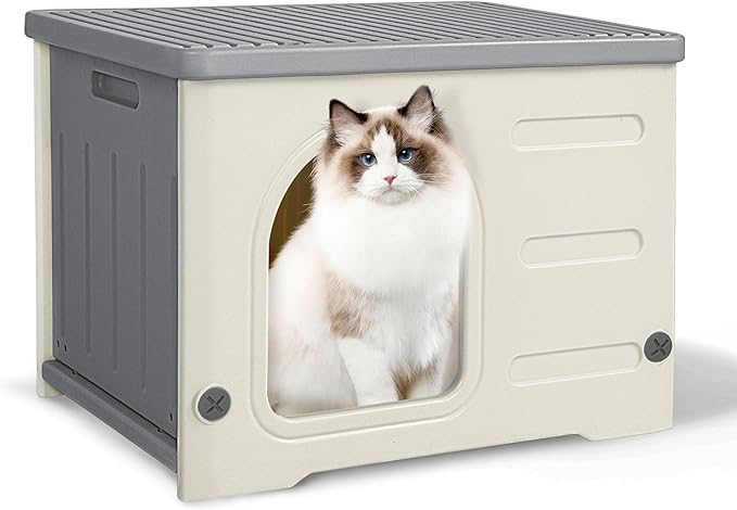 Hicaptain Cute Durable Cat Houses for Indoor Cats Plastic Feral Outdoor Cat House Puppy Shelter for Small Medium Pets-Grey