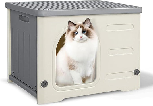 Hicaptain Cute Durable Cat Houses for Indoor Cats Plastic Feral Outdoor Cat House Puppy Shelter for Small Medium Pets-Grey