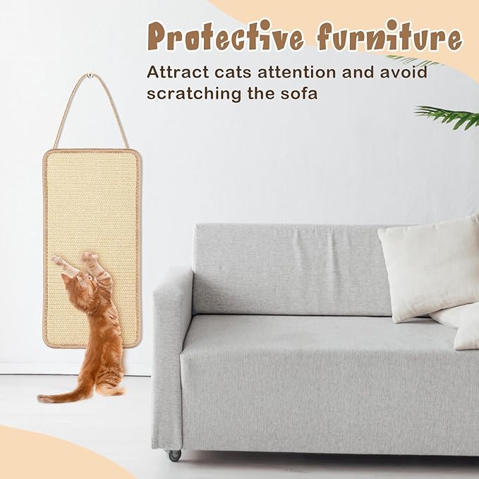 2 Pack Sisal Door Cat Scratching Mat Double Use Hanging Scratcher Wall Floor Mount Natural Cat Scratch Mat Kitty Scratching Pad for Indoor Kitten with Hemp Rope, 7.87 x 19.69(Natural)