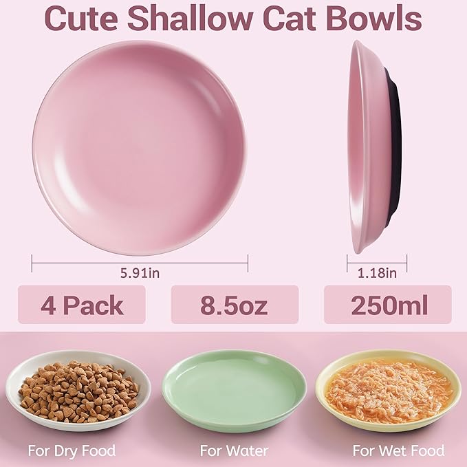 Non-Slip Cat Bowls, Ceramic Cat Food Bowl Set with Silicone Base, Cats Dishes, Cute Plates for Feeding Indoor Cats, Kitten, Small Dogs (Multi4, Shallow)