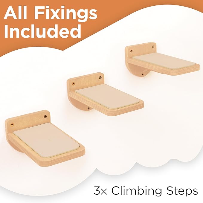 INICIO Cat Wall Stairs, Natural Wood - Set of 3 Wall Steps for Cats to Climb with Fixtures, 9.3"x4.7" - Floating Steps for Climbing or Playing - for Kittens and Adult Cats