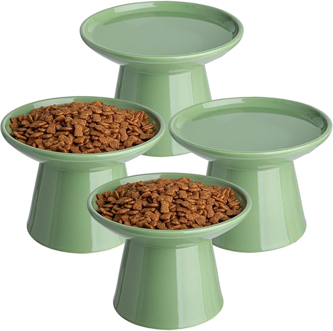 6.2 Inch Extra Wide Elevated Ceramic Cat Bowls, Food and Water Bowl Set for Elder Big Cats Small Dogs, Raised Design for Pet Easy Eating, Protect Cat's Spine Set of 4(Green)