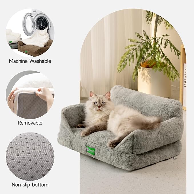 MEWOOFUN Cat Bed for Indoor Cats, Fluffy Cat Sofa for Small Pets with Removable Washable Cover, Cute Cat Couch with Non-Slip Bottom (Grey, 22x15x10)