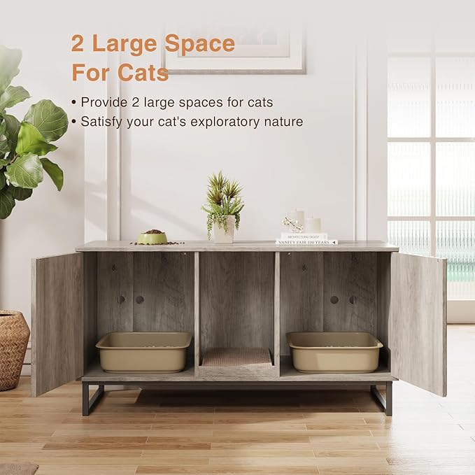 Cat Litter Box Enclosure for 2 Cats, 47.6’’ Litter Box Furniture Hidden with Scratch Pad, Double Room Large Cat Cabinet, Indoor Pet House TV Stand Side Table,Washroom,Grey