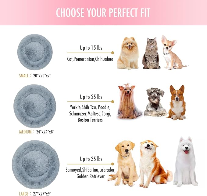 Anti Anxiety Round Fluffy Plush Faux Fur Warm Washable Dog Bed & Cat Bed, Original Bed for Small Medium Large Pets,Used to Relieve Joints and Improve Sleep（20"/24"/27''） (20", Light Grey)