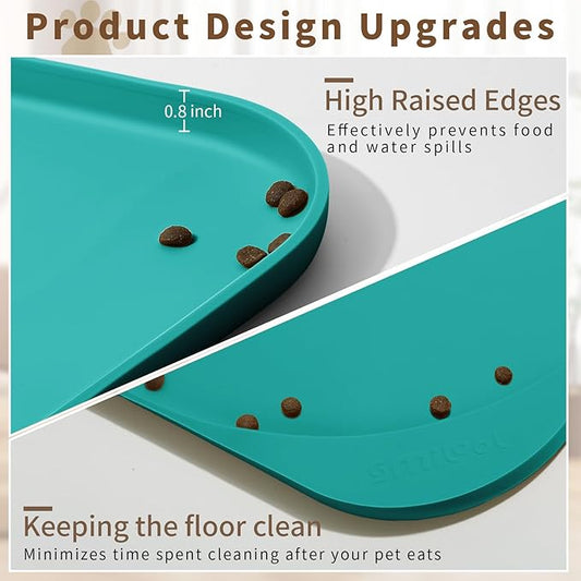 Silicone Pet Feeding Mat with Raised Edge & Residue Collection Pocket for Food and Water, Dog Bowl Mats, Cat Bowls Placemat with High Lip for Floor Waterproof, 24 x 16 x 0.8 Dark Turquoise