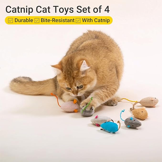 Cat Toys, 4 Pack Plush Catnip-Filled Interactive Cat Toy for Bored Indoor Adult Cat, Realistic Design, Catnip Cat Mouse Toy, 4 Assorted Colors, 4 of Each, Value Pack