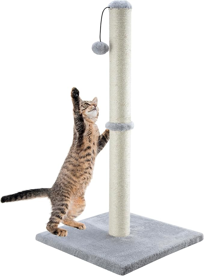 Dimaka 34" Tall Cat Scratching Post for Large Cats and Kittens, High Vertical Scratcher with Premium Natural Sisal Rope and Interactive Hanging Ball for Indoor Cat(Grey, 34 inches for Large Cats)