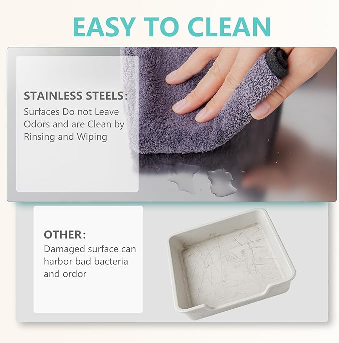 XL Stainless Steel Litter Box with Lid - 23.7"×15.7"×10.6" High Sided Metal Tray for Big/Multi-Cats, Anti-Leak Easy Clean Scoop & Foot Mat (Black)