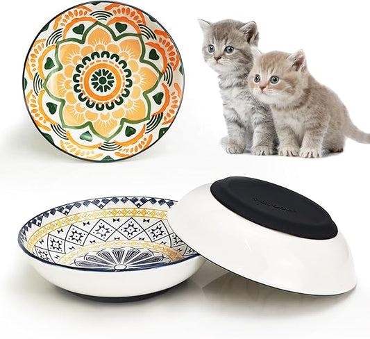 3Pcs Ceramic Cat Food Bowls, 5.5 Inches with Nonslip Silicone Bottom, Anti Whisker Fatigue Plates for Indoor Kittens, Wide Shallow Dishes for Dry and Wet Food
