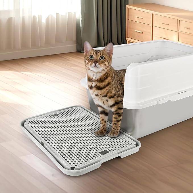 Litter Box Step, Cat Step/Ramp/Catcher with Filter Function, Easy to Clean, Ideal for Kitten & Elderly Cats (Light Grey)