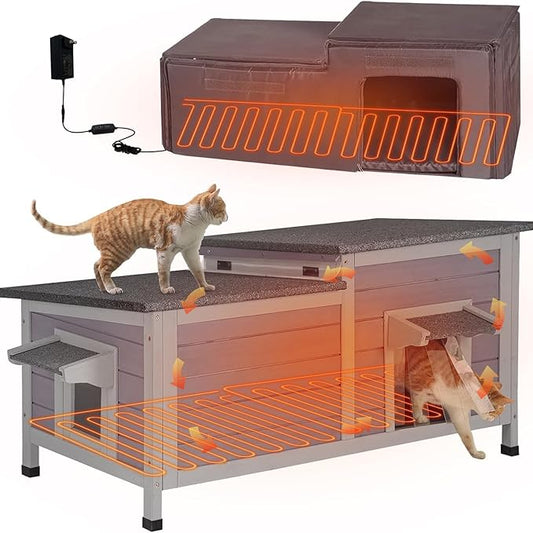 GUTINNEEN Heated Cat House with Insulated Liner Outdoor Cat House Weatherproof Cat Shelter with Heater Feral Cat House for Winter