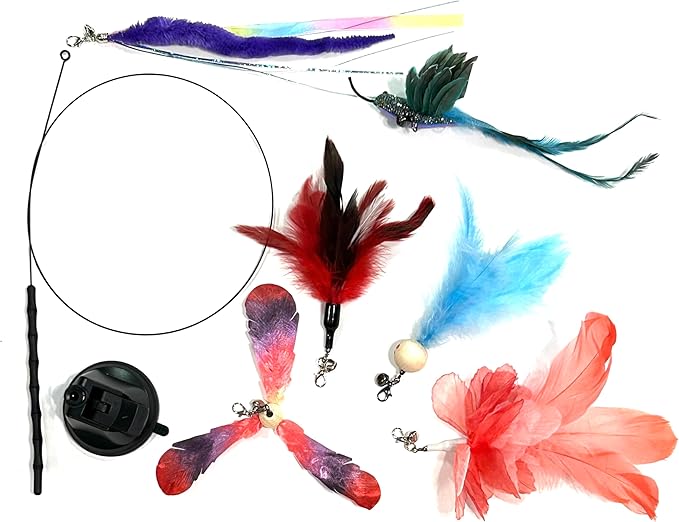 Interactive Cat Teaser Wand with Feather Attachments, Multi-Color Toys, 8 Piece Set