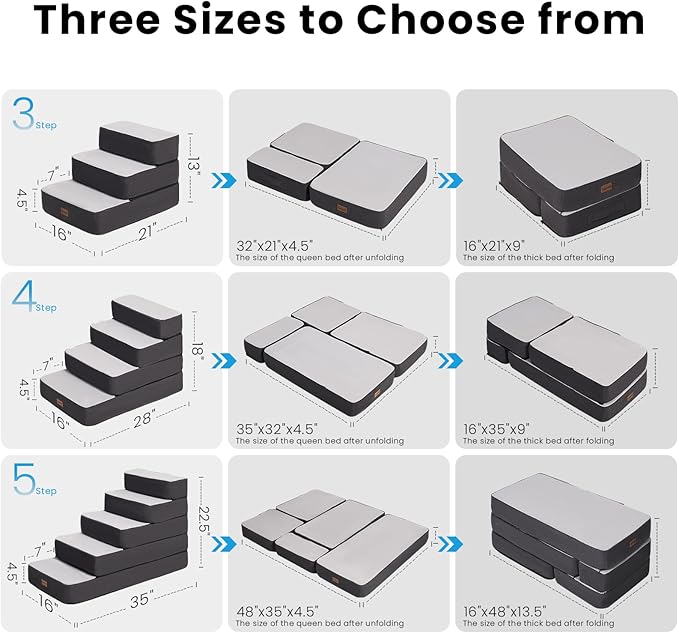 4-Step Adjustable Dog Stairs for Beds, Dog Steps for Small Dogs and Cats, Foldable Pet Stairs for Bed Climbing, Non-Slip Pet Step Indoor, Grey