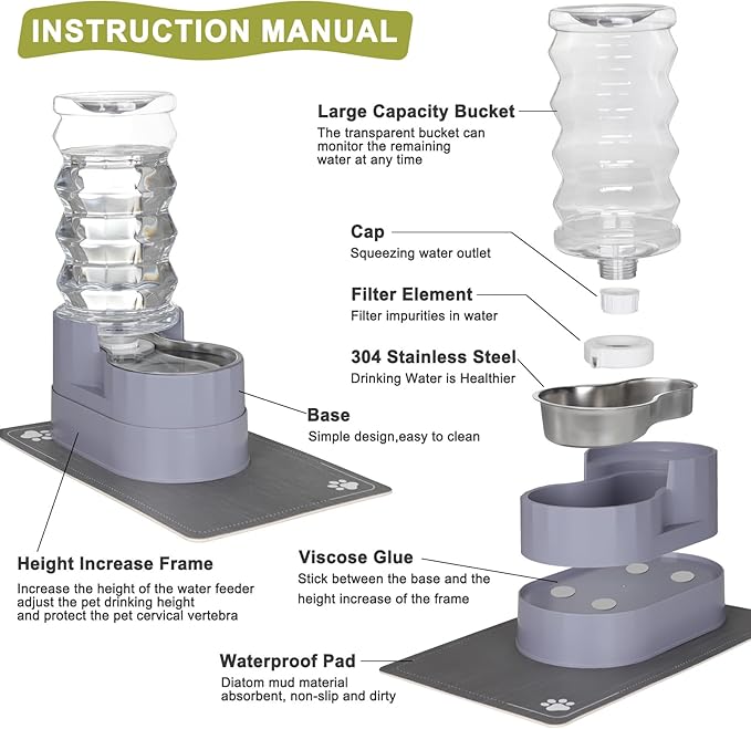 RIZZARI Large Water Dispenser for Dogs: 8L Gravity Gray Automatic Stainless Steel Waterer - 100% BPA Free - Raised Pet Feeder for Pet Dogs Indoor/Outdoor