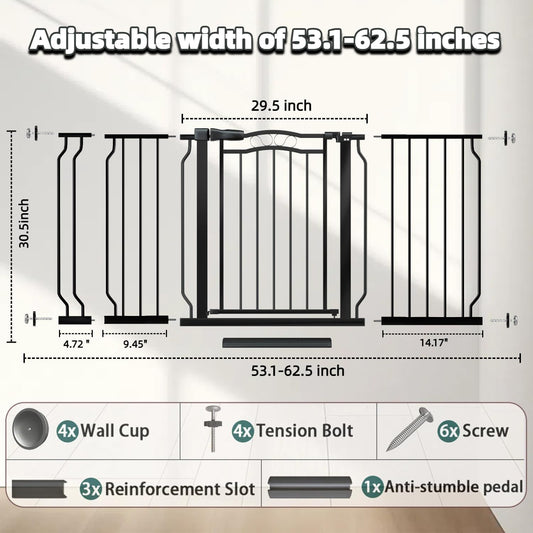 53.1-62.5 Inch Extra Wide Baby Gate, Pressure Mounted Dog Gate Indoor, Walk Thru Pet Gate for Cat Dog Child,Pet Gates for The House Doorway Black